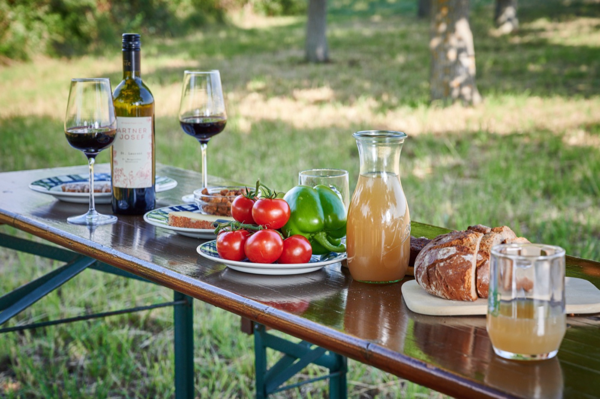 Gedeckter Picknicktisch mit Artner-Wein zwischen den Weingärten